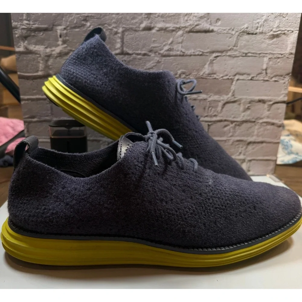 Cole Haan Mens 11M Oxford Shoes Navy Textile Lace Up Yellow Sole Business Casual